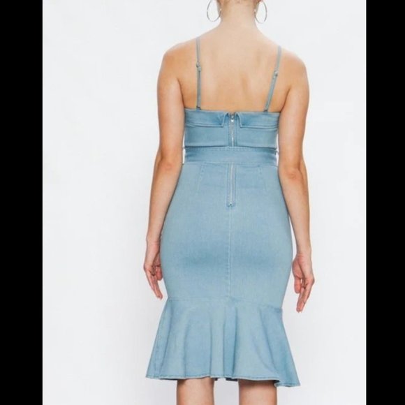 DENIM STRAP RUFFLE MIDI DRESS - Picture 2 of 2